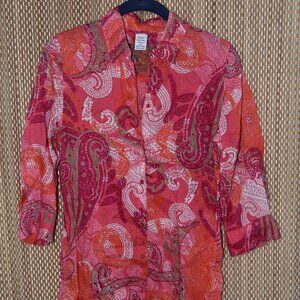 Olsen Fashion Top Womens Red Paisley Button Down Linen Shirt Tunic Size 8 Casual